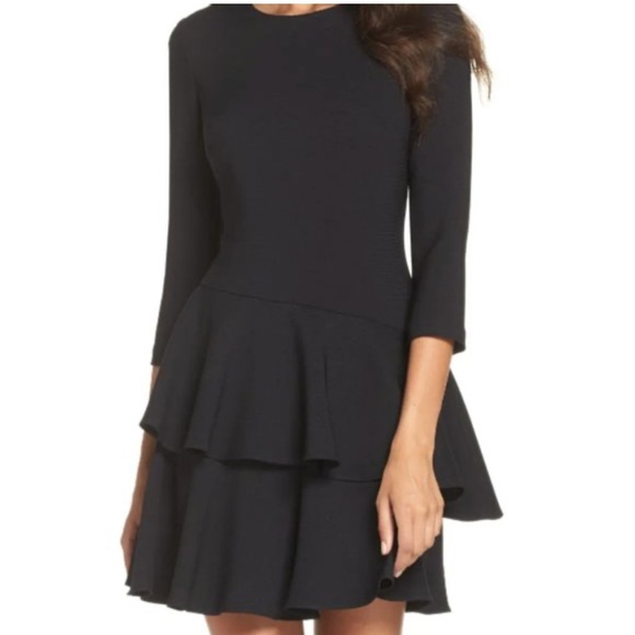 Eliza J Tiered Ruffled Knit Mini Black Dress - Picture 1 of 7